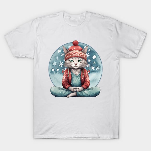 Yoga Meditation Christmas Cat T-Shirt by ByMine